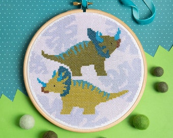 Triceratops Dinosaur Cross Stitch Kit : DIY Craft Set for Beginners with DMC Threads