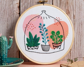 Glass Garden Embroidery Kit - Embroidery Kit for Beginners - Houseplant Embroidery Kit - Beginner Embroidery Kit - Succulent Embroidery Kit