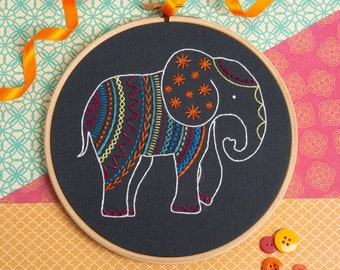 Elephant Embroidery Kit (black background) - Embroidery Kit for Beginners - Elephant Craft Kit - Easy Embroidery Kit - Embroidery Hoop Kit