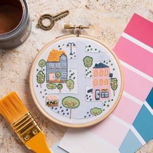 Town Houses Mini Embroidery Kit New Home Embroidery Kit Beginner Embroidery Kit Housewarming Craft Kit Mini Embroidery Kit image 1