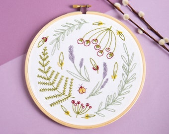 Wildwood Embroidery Kit - Embroidery Kit for Beginners - Botanical Embroidery Kit - Plant Embroidery Kit - Modern Embroidery Kit - Hoop Kit