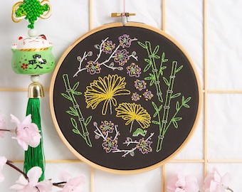 Japanese Garden Embroidery Kit (black background) - Embroidery Kit for Beginners - Botanical Embroidery Kit - Bamboo Embroidery Pattern