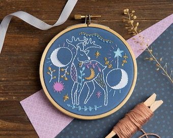 Celestial Deer Embroidery Kit with Moon and Stars : Beginner 4" / 10cm DIY Stitching Craft Set
