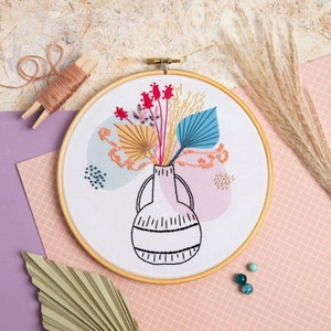 Bohemian Palms Embroidery Kit - Embroidery Kit for Beginners - Dried Flowers Embroidery Kit - Modern Embroidery Kit - Vase Embroidery Kit