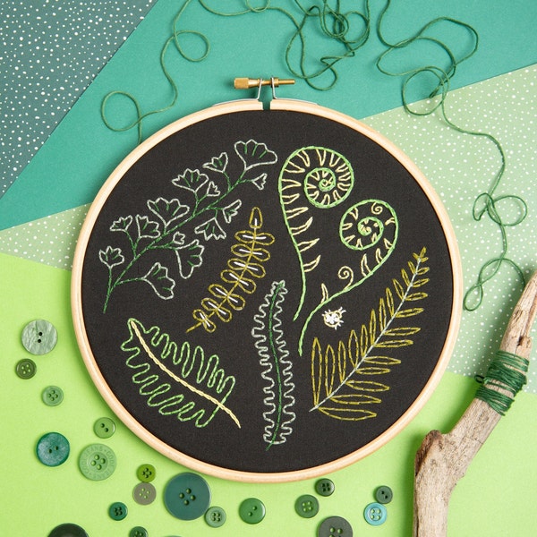 Forest Ferns Embroidery Kit (black background) - Embroidery Kit for Beginner - Botanical Embroidery Kit - Ferns Embroidery Pattern