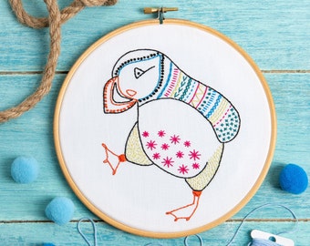 Puffin Embroidery Kit - Embroidery Kit for Beginners - Modern Embroidery Kit - Embroidery Sampler Kit - Puffin Embroidery Pattern - Hoop Kit