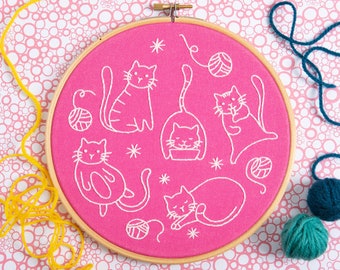 Crafty Cats Embroidery Kit - Embroidery Kit for Beginners - Embroidery Hoop Kit - Cat Embroidery Pattern - Hand Embroidery Kit - Hoop Art