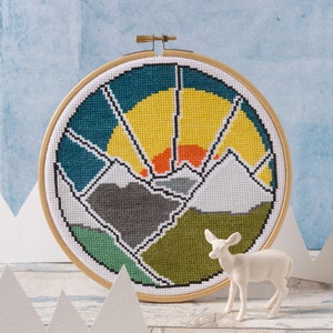 Mountain Adventure Cross Stitch Kit - Beginners Craft Set - X-Stitch Pattern - DMC Threads - Exploring Pattern - DIY Handmade Kit