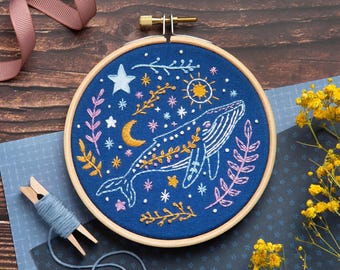 Celestial Whale Embroidery Kit with Moon and Stars : Beginner 4" / 10cm DIY Stitching Craft Set