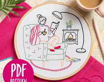 Reading Woman (Unwind) PDF Embroidery Pattern - Instant Digital Download - Booklover Design