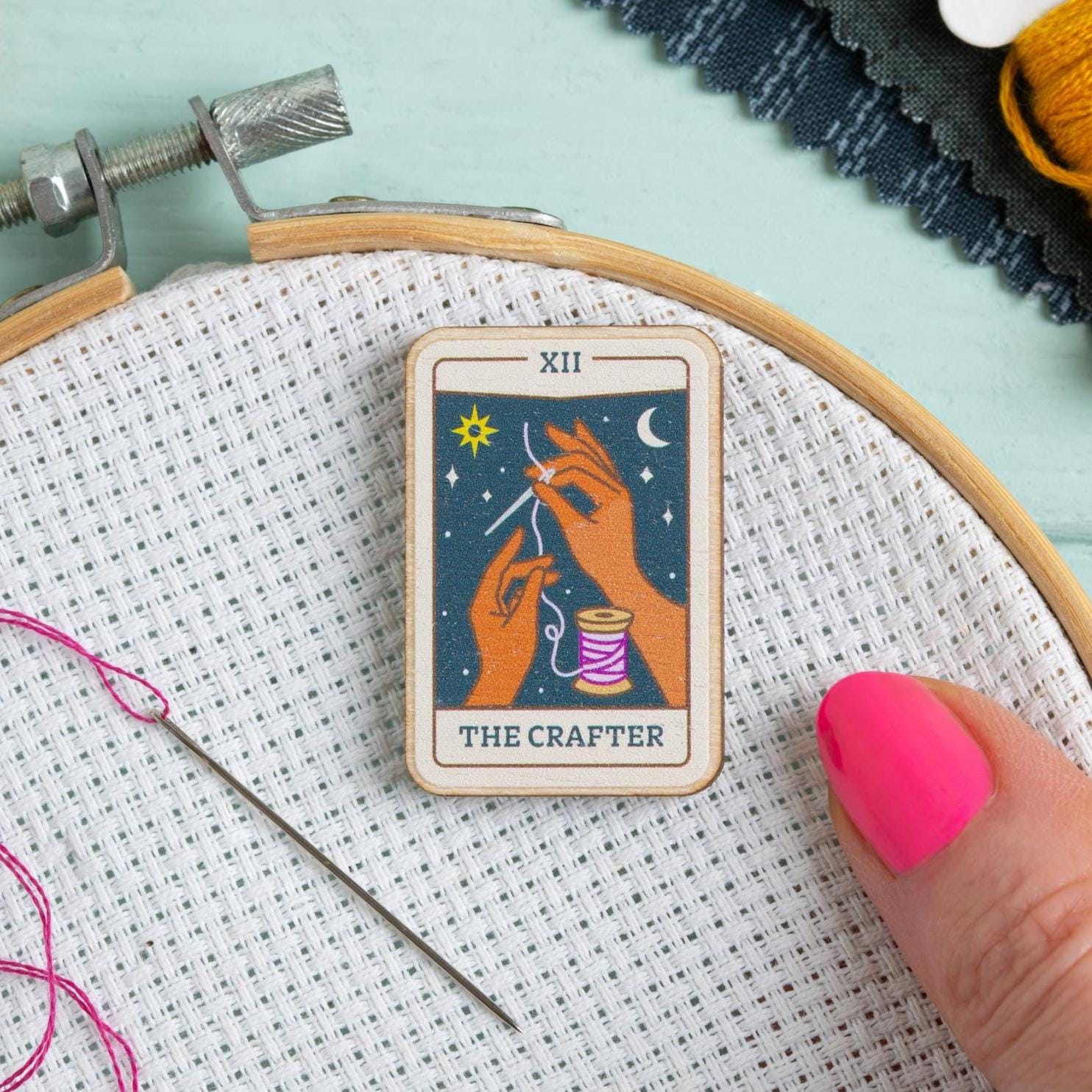 Tarot Card 'The Crafter' Magnetic Needle Minder: Wooden Embroidery Cross Stitch Tool