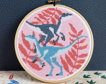 Velociraptors Cross Stitch Kit - Jurassic Cross Stitch - Dinosaur Cross Stitch Kit - Easy Dinosaur Craft Kit - Dinosaur Nursery Craft Kit