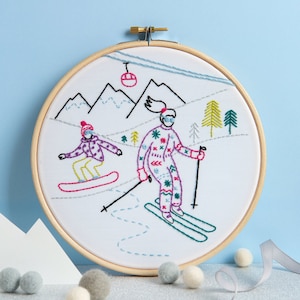 Skiing & Snowboarding Embroidery Kit - Off-Piste Mountains - DIY Craft Set for Beginners - Complete Stitching Kit - Gift for Snow Lovers