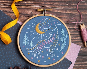Celestial Wolf Embroidery Kit with Moon and Stars : Beginner 4" / 10cm DIY Stitching Craft Set
