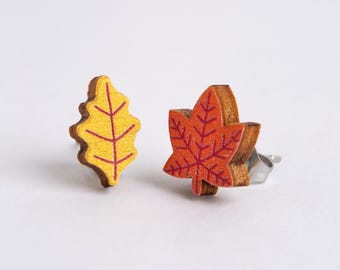 Autumn Leaves Wooden Earrings : Made from FSC Birch Plywood with Hypo-Allergenic Backs