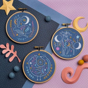 Celestial Hare Embroidery Kit with Moon and Stars : Beginner 4" / 10cm DIY Stitching Craft Set afbeelding 6
