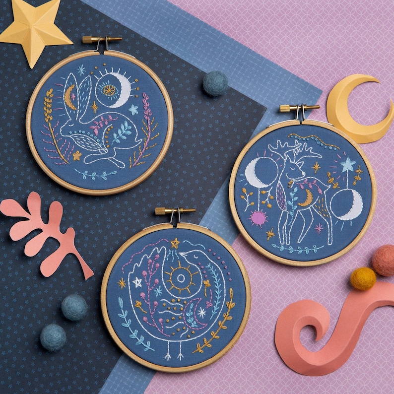 Celestial Hare Embroidery Kit with Moon and Stars : Beginner 4" / 10cm DIY Stitching Craft Set afbeelding 6