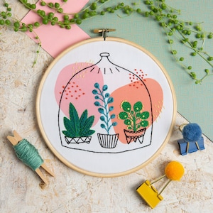 Glass Garden Houseplants Embroidery Kit : Beginner 7&quot; / 18cm DIY Stitching Craft Set