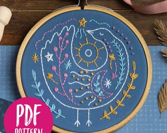 Può includere: Un cerchio da ricamo blu con un disegno di un uccello bianco. L'uccello è circondato da fiori, stelle, un sole e una luna. Il ricamo è realizzato con filo rosa, giallo e blu. Il cerchio è in legno e ha un supporto in metallo.