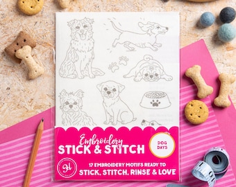 Dog Days Stick & Stitch Embroidery Pack - Customise Your Clothes with Water-Soluble Embroidery Motifs - Dog and Puppy Designs