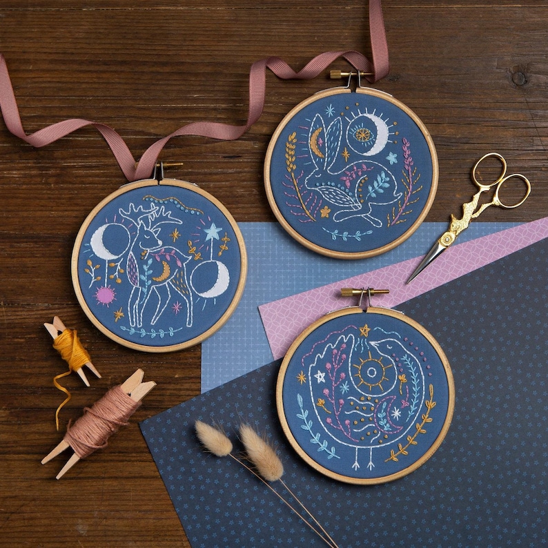 Celestial Hare Embroidery Kit with Moon and Stars : Beginner 4" / 10cm DIY Stitching Craft Set afbeelding 8
