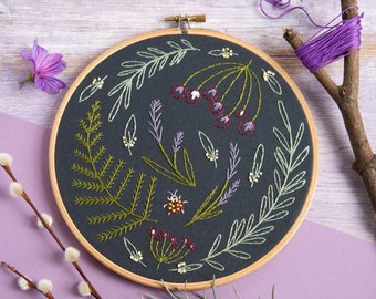 Wildwood Embroidery Kit (black background) - Embroidery Kit for Beginners - Botanical Embroidery Kit - Embroidery Kit for Beginners