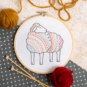Sheep Embroidery Kit - DIY Craft Set for Beginners - Nursery DIY Decor - Gift for animal lover - DMC Threads - Modern Embroidery Hoop