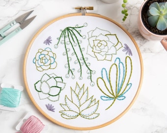 Succulents Embroidery Kit - Embroidery for Beginners - Botanical Embroidery Kit - Houseplant Embroidery Kit - String of Pearls Embroidery