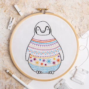Baby Penguin Embroidery Kit - Complete Embroidery Kit for Beginners - Penguin Embroidery Hoop - Modern Embroidery Kit - Needlework Craft Kit