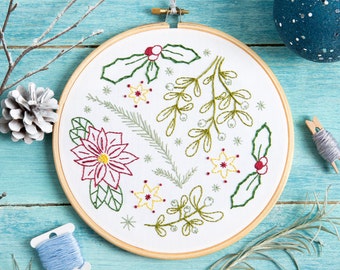 Winter Walk Embroidery Kit - Embroidery Kit for Beginners - Christmas Embroidery Kit - Holly Embroidery Kit - Festive Embroidery Kit - Xmas