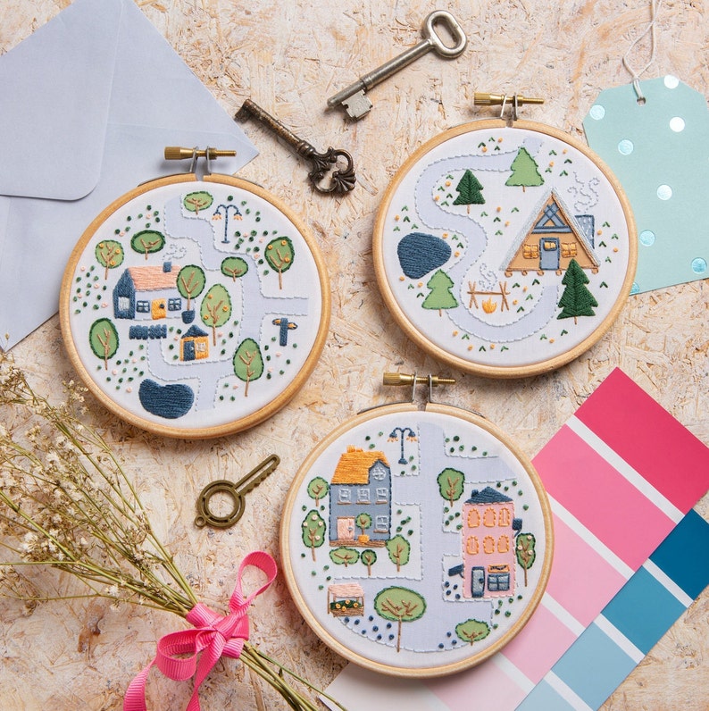 Town Houses Mini Embroidery Kit New Home Embroidery Kit Beginner Embroidery Kit Housewarming Craft Kit Mini Embroidery Kit image 5