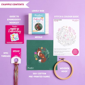 a variety of sewing and embroidery supplies, including a needle, thread, embroidery kit, guide to embroidery booklet, needle, stitch and colour guide, and a wooden hoop.