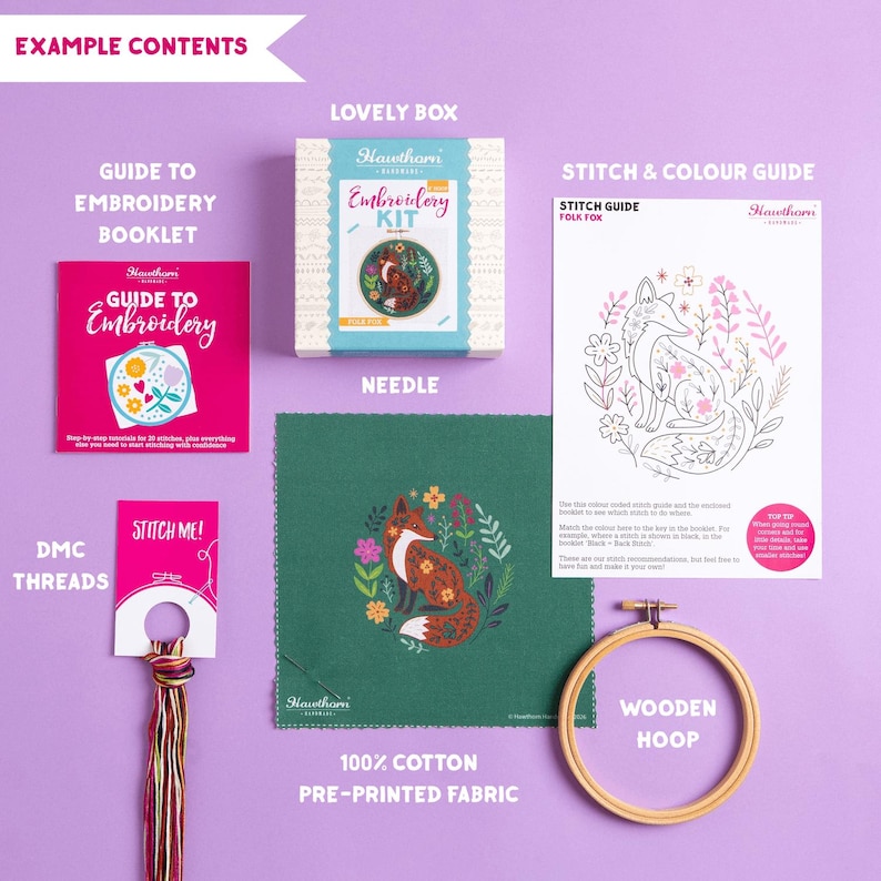 a variety of sewing and embroidery supplies, including a needle, thread, embroidery kit, guide to embroidery booklet, needle, stitch and colour guide, and a wooden hoop.