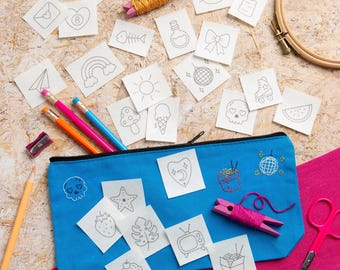 More Doodles Stick & Stitch Embroidery Pack - Customise Your Clothes with Water-Soluble Embroidery Motifs - Small, Fun, Quirky Designs