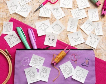 Doodles Stick & Stitch Embroidery Pack - Customise Your Clothes with Water-Soluble Embroidery Motifs - Small, Fun, Quirky Designs