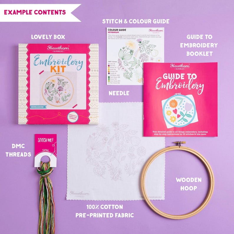 a collection of embroidery supplies, including a kit, needle, thread, guide to embroidery booklet, and a wooden hoop.