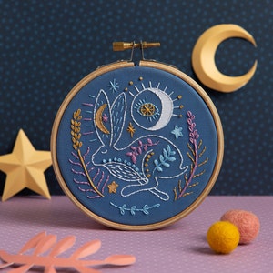 Celestial Hare Embroidery Kit with Moon and Stars : Beginner 4" / 10cm DIY Stitching Craft Set