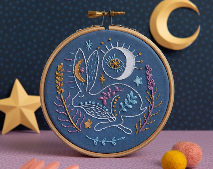 Celestial Hare Embroidery Kit with Moon and Stars : Beginner 4" / 10cm DIY Stitching Craft Set