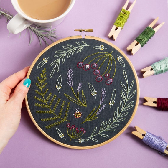 Wildwood Embroidery Kit on Black Background - DIY Craft Set