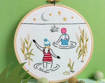 Wild Swimming Women Embroidery Kit (Swim) : Beginner 7" / 18cm DIY Stitching Craft Set
