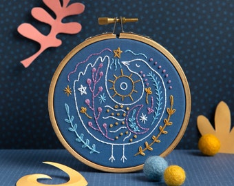 Celestial Bird Embroidery Kit with Moon and Stars : Beginner 4" / 10cm DIY Stitching Craft Set