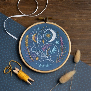 Celestial Hare Mini Embroidery Kit - Hare Embroidery Kit - Beginner Embroidery Kit - Embroidery Kit for Beginners - Mini Embroidery Kit