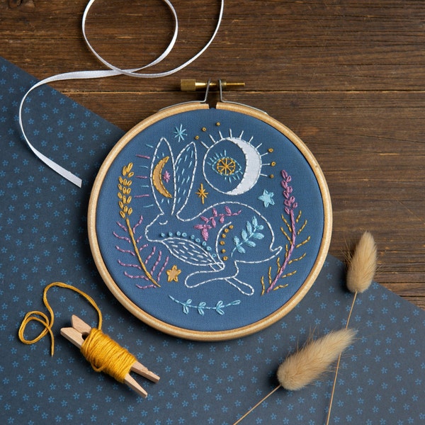 Celestial Hare Mini Embroidery Kit - Hare Embroidery Kit - Beginner Embroidery Kit - Embroidery Kit for Beginners - Mini Embroidery Kit