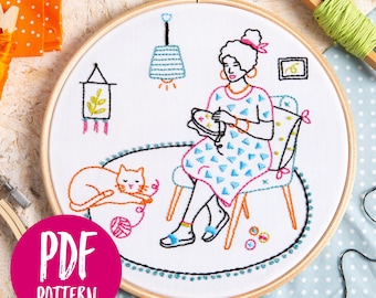 Stitching Woman (Relax) PDF Embroidery Pattern - Instant Digital Download