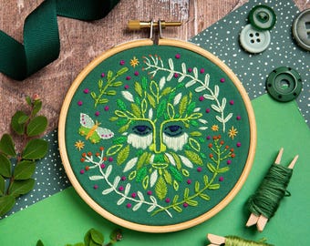 Green Man Embroidery Kit : Beginner 4" / 10cm DIY Stitching Craft Set