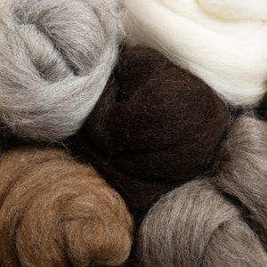 May include: Close-up of a collection of different colored wool fibers. The fibers are arranged in a circular pattern, with the darkest brown fibers in the center and the lightest white fibers on the outside. The fibers are soft and fluffy, and they appear to be of high quality.