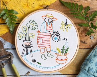 Garten-Stickset - Grow-Stickset - Wunderbare Frauen-Stickerei - Gärtner-Stickerei - Zimmerpflanzen-Stickset - Hoop-Kit