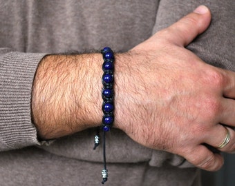 Men's  unisex boho chic bracelet in semi-precious lapis lazuli stones red jasper and Indonesian bead