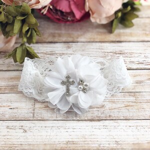 White Baptism Headband, White Headband, Baptism Headband, White Christening Headband, White First Communion Headband, Cross headband image 2