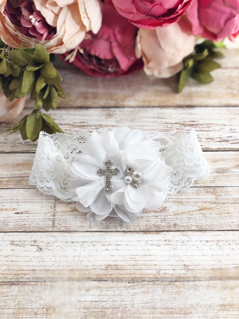 White Baptism Headband, White Headband, Baptism Headband, White Christening Headband, White First Communion Headband, Cross headband image 2